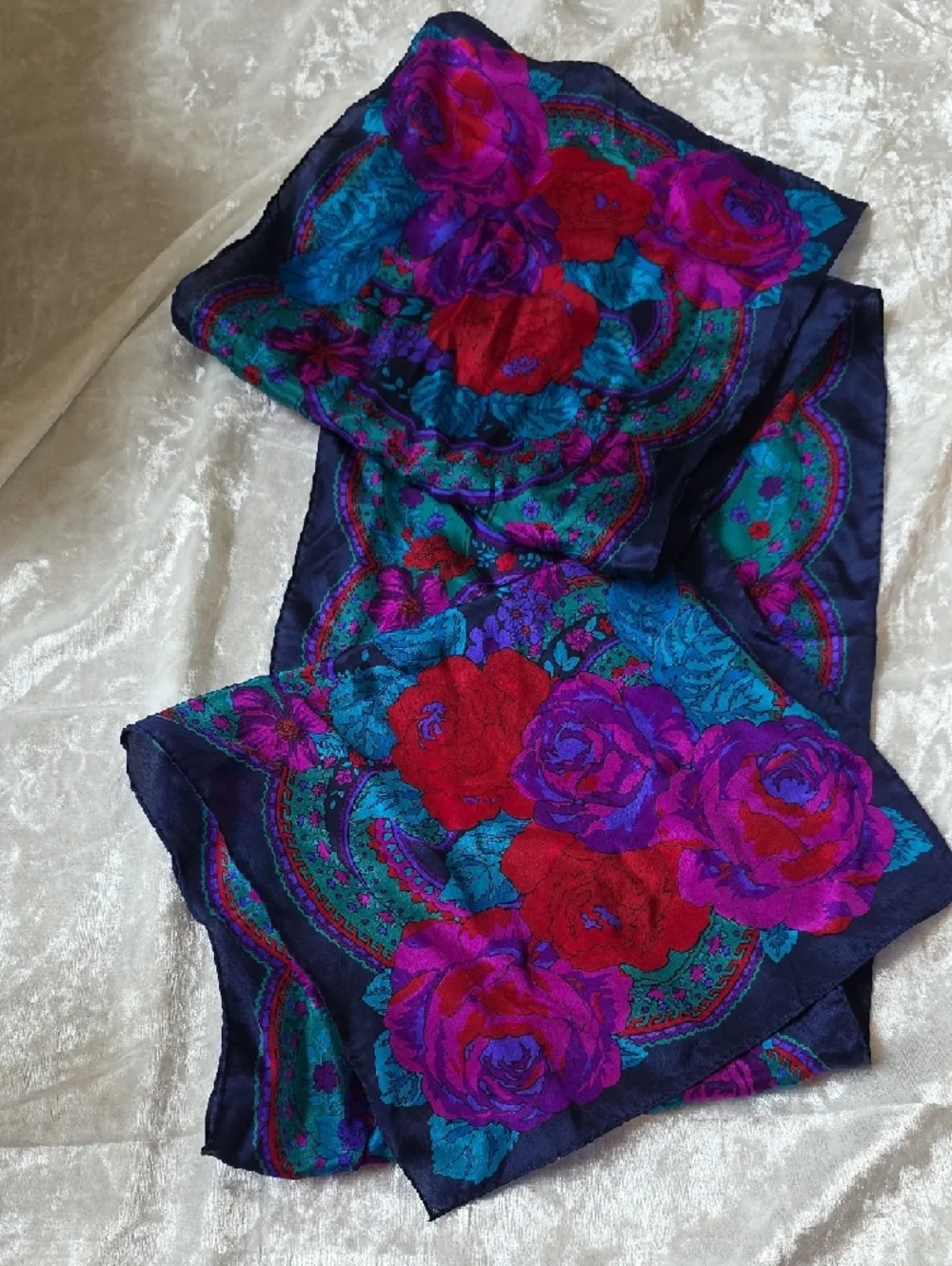 Vibrant Floral Teal and Purple Silk Vintage Scarf Circa 1980s